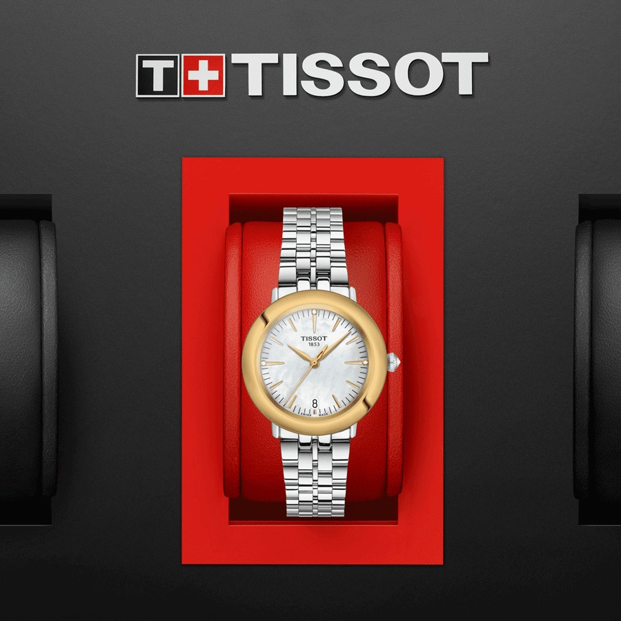 Montre Tissot Glendora quartz lunette or jaune cadran couleur nacre blanche bracelet acier 33 mm T929.210.41.116.01