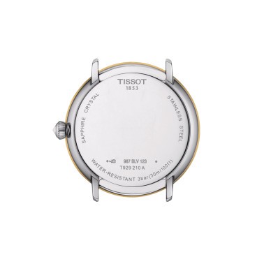 Montre Tissot Glendora quartz lunette or jaune cadran couleur nacre blanche bracelet acier 33 mm T929.210.41.116.01