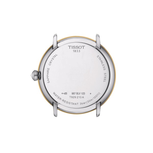 Montre Tissot Glendora quartz lunette or jaune cadran couleur nacre blanche bracelet acier 33 mm T929.210.41.116.01