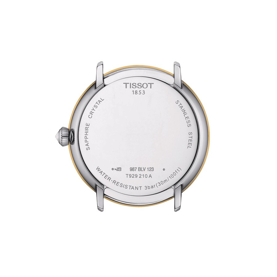 Montre Tissot Glendora quartz lunette or jaune cadran couleur nacre blanche bracelet acier 33 mm T929.210.41.116.01