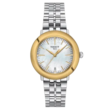 Montre Tissot Glendora quartz lunette or jaune cadran couleur nacre blanche bracelet acier 33 mm T929.210.41.116.01