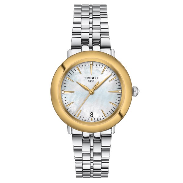 Montre Tissot Glendora quartz lunette or jaune cadran couleur nacre blanche bracelet acier 33 mm T929.210.41.116.01