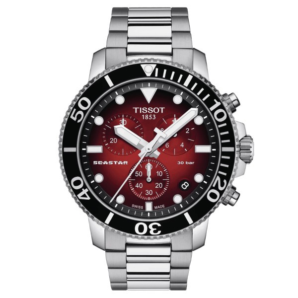 Tissot Seastar 1000 quartz Chronograph watch red dial steel bracelet 45,5 mm
