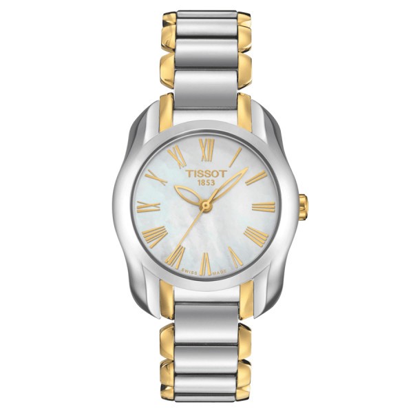 Montre Tissot T-Wave quartz cadran couleur nacre blanche bracelet acier PVD Or jaune 28 mm T023.210.22.113.00
