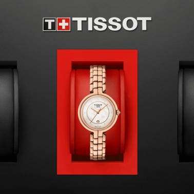 Montre Tissot Flamingo quartz cadran couleur nacre blanche bracelet acier PVD Or rose 30 mm