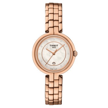 Montre Tissot Flamingo quartz cadran couleur nacre blanche bracelet acier PVD Or rose 30 mm