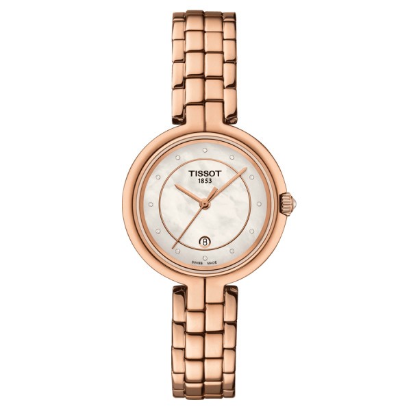 Montre Tissot Flamingo quartz cadran couleur nacre blanche bracelet acier PVD Or rose 30 mm T094.210.33.116.02