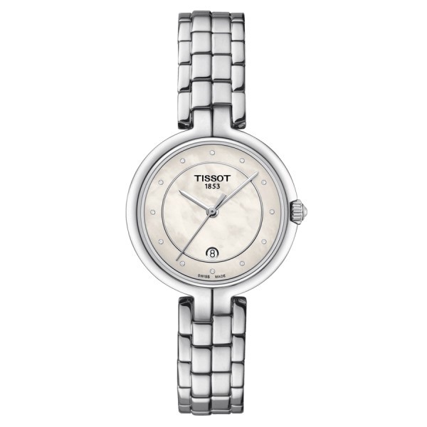 Montre Tissot Flamingo quartz cadran couleur nacre blanche bracelet acier 30 mm T094.210.11.116.01