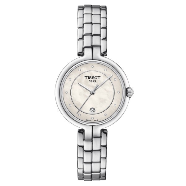 Montre Tissot Flamingo quartz cadran couleur nacre blanche bracelet acier 30 mm