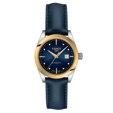 Montre Tissot T-My Lady Or Jaune automatique cadran bleu bracelet cuir bleu 29 mm T930.007.46.046.00