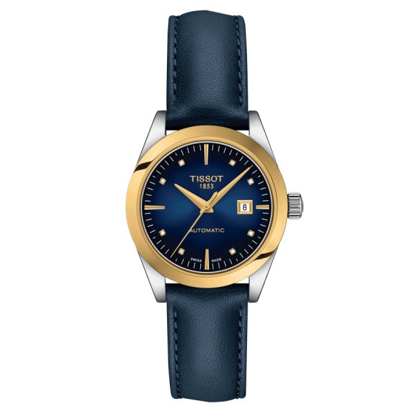 Montre Tissot T-My Lady Or Jaune automatique cadran bleu bracelet cuir bleu 29 mm T930.007.46.046.00