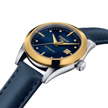 Montre Tissot T-My Lady Or Jaune automatique cadran bleu bracelet cuir bleu 29 mm T930.007.46.046.00