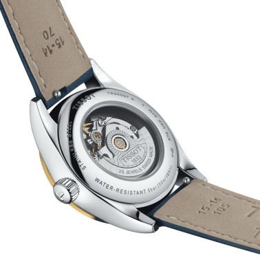 Montre Tissot T-My Lady Or Jaune automatique cadran bleu bracelet cuir bleu 29 mm T930.007.46.046.00