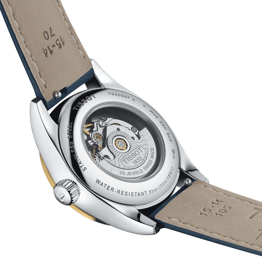 Montre Tissot T-My Lady Or Jaune automatique cadran bleu bracelet cuir bleu 29 mm T930.007.46.046.00