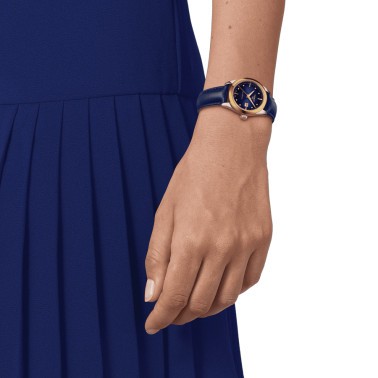 Montre Tissot T-My Lady Or Jaune automatique cadran bleu bracelet cuir bleu 29 mm T930.007.46.046.00