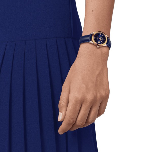 Montre Tissot T-My Lady Or Jaune automatique cadran bleu bracelet cuir bleu 29 mm T930.007.46.046.00