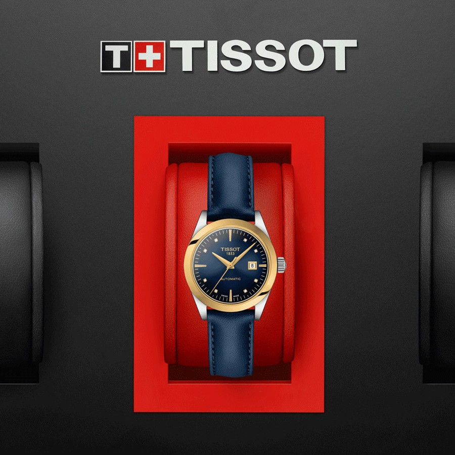 Montre Tissot T-My Lady Or Jaune automatique cadran bleu bracelet cuir bleu 29 mm T930.007.46.046.00