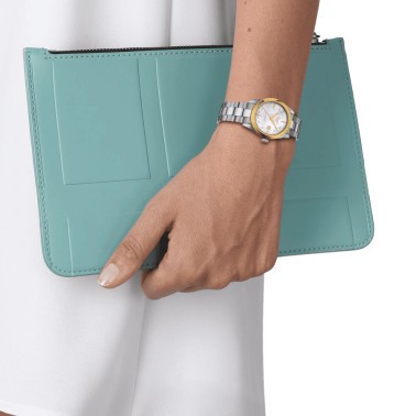 Montre Tissot T-My Lady Or Jaune automatique cadran couleur nacre bleue bracelet acier 29 mm T930.007.41.116.00