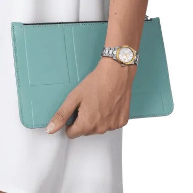 Montre Tissot T-My Lady Or Jaune automatique cadran couleur nacre bleue bracelet acier 29 mm T930.007.41.116.00