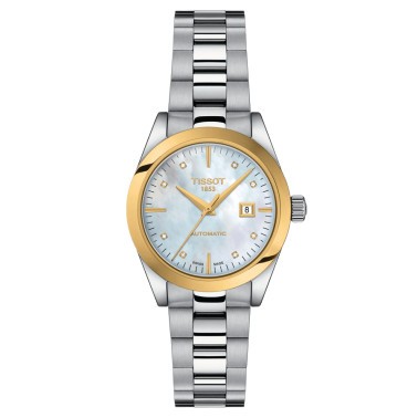 Montre Tissot T-My Lady Or Jaune automatique cadran couleur nacre bleue bracelet acier 29 mm T930.007.41.116.00