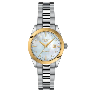 Montre Tissot T-My Lady Or Jaune automatique cadran couleur nacre bleue bracelet acier 29 mm T930.007.41.116.00