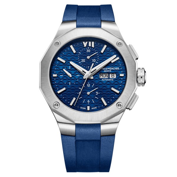 Montre Baume et Mercier Riviera Chronographe automatique cadran bleu bracelet caoutchouc bleu 43 mm
