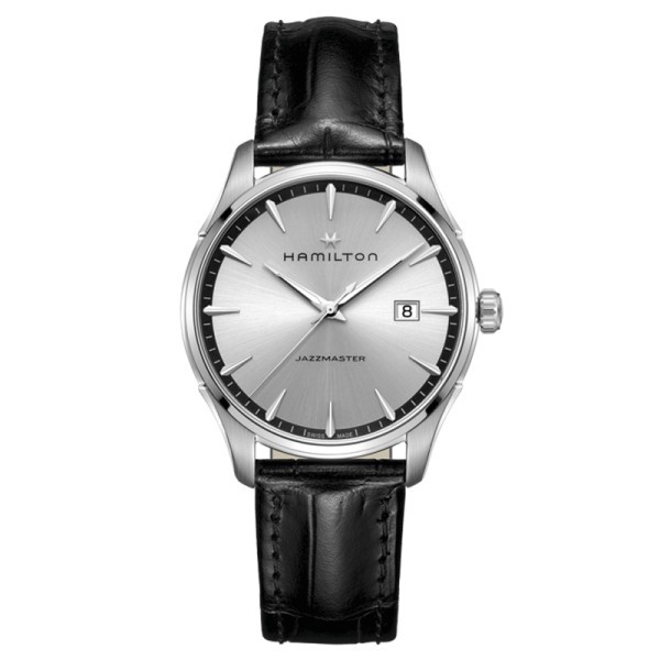 Montre Hamilton Jazzmaster cadran argenté bracelet cuir noir 40 mm