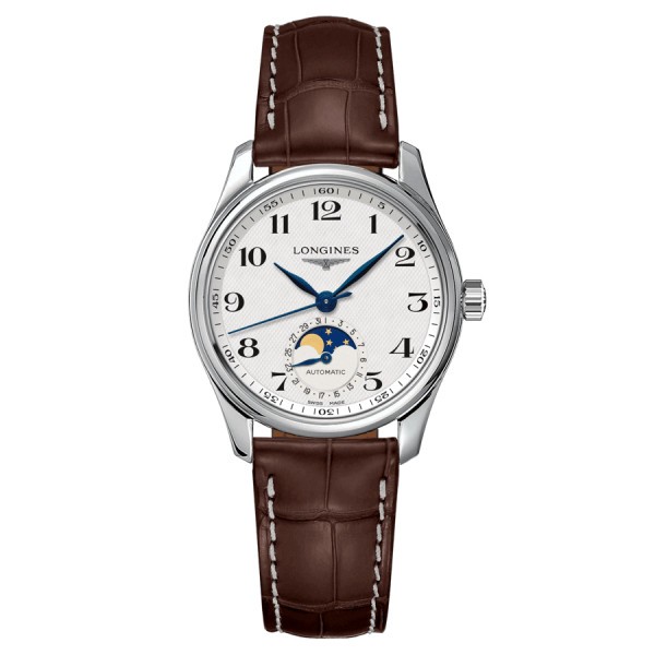 Longines Master Collection automatic moon phase watch silver dial brown crocodile leather strap 34 mm