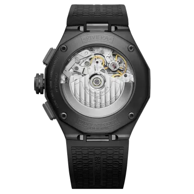 Montre Baume et Mercier Riviera ADLC noir Chronographe automatique cadran noir bracelet caoutchouc noir 43 mm