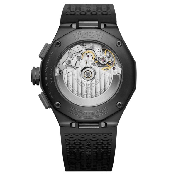 Montre Baume et Mercier Riviera ADLC noir Chronographe automatique cadran noir bracelet caoutchouc noir 43 mm