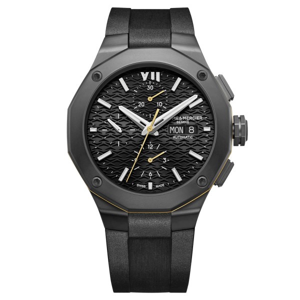 Montre Baume et Mercier Riviera ADLC noir Chronographe automatique cadran noir bracelet caoutchouc noir 43 mm