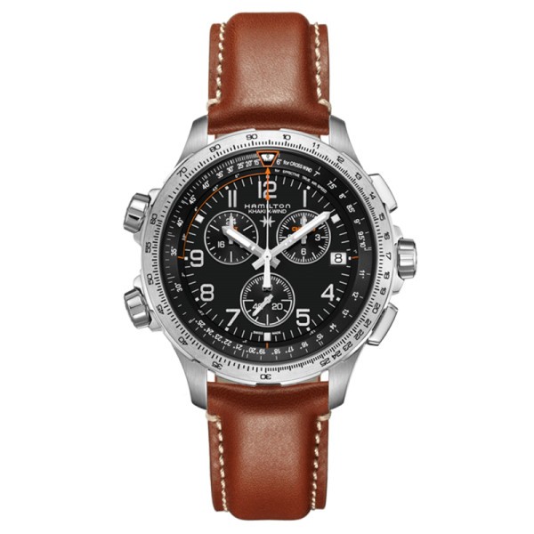 Montre Hamilton Khaki Aviation X-Wind GMT cadran noir bracelet cuir marron 46 mm H77912535