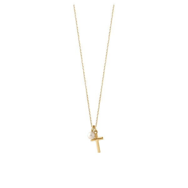 Collier Claverin Cross Charm en or jaune et perle blanche