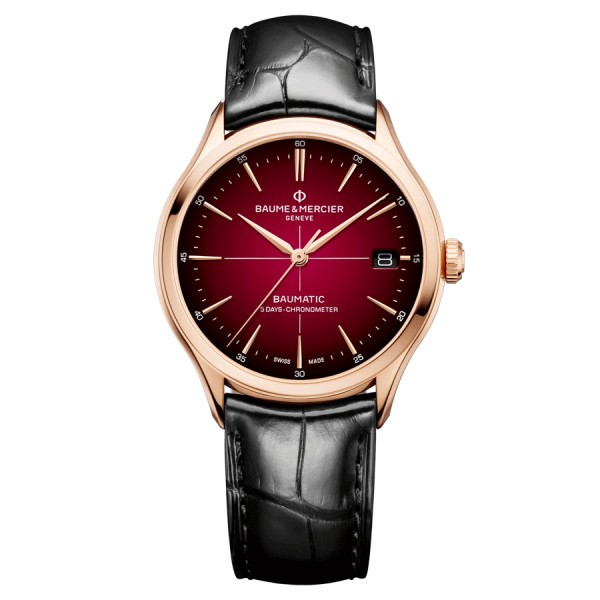 Montre Baume et Mercier Clifton Baumatic Or rose automatique cadran bordeaux bracelet cuir noir 39 mm