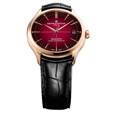 Montre Baume et Mercier Clifton Baumatic Or rose automatique cadran bordeaux bracelet cuir noir 39 mm