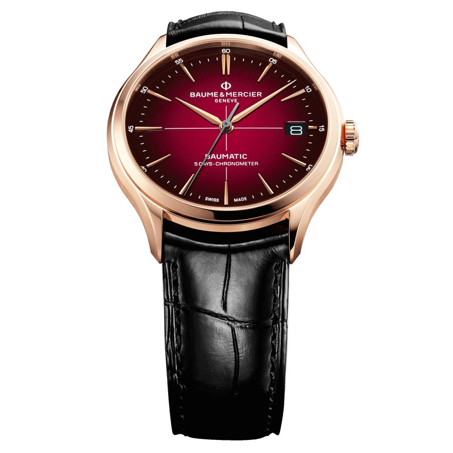 Montre Baume et Mercier Clifton Baumatic Or rose automatique cadran bordeaux bracelet cuir noir 39 mm