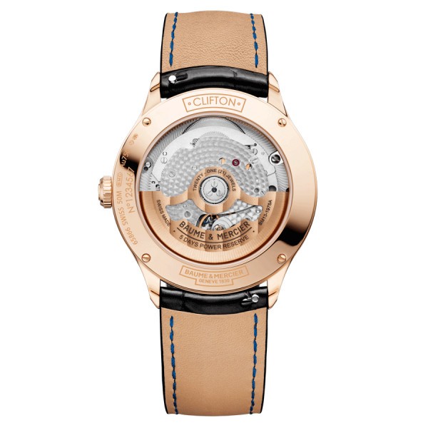 Montre Baume et Mercier Clifton Baumatic Or rose automatique cadran bordeaux bracelet cuir noir 39 mm