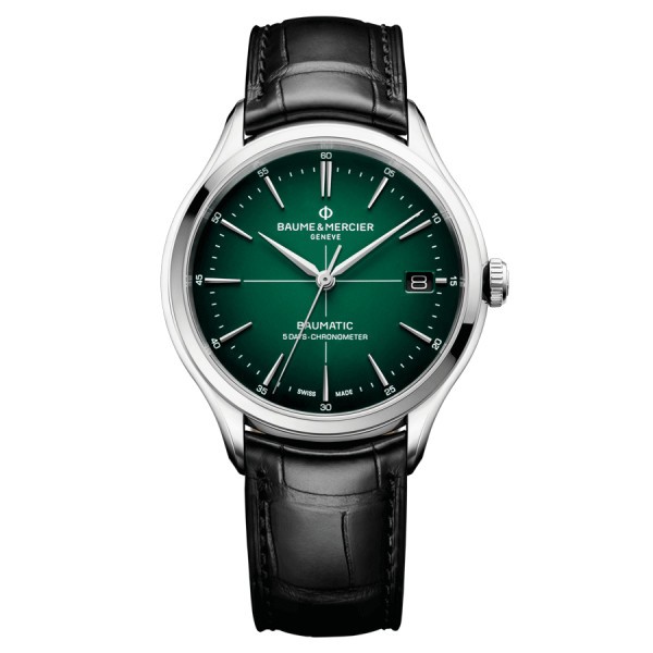 Montre Baume et Mercier Clifton Baumatic automatique cadran vert bracelet cuir noir 40 mm