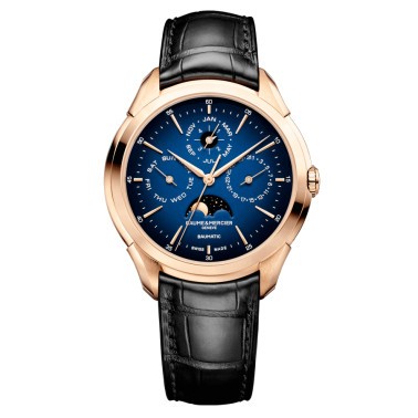 Montre Baume et Mercier Clifton Baumatic Or rose automatique cadran bleu bracelet cuir noir 42 mm