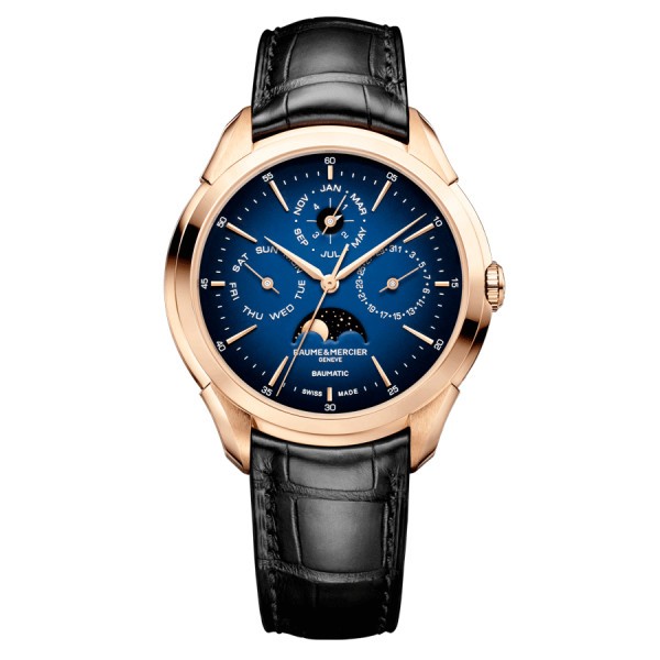 Montre Baume et Mercier Clifton Baumatic Or rose automatique cadran bleu bracelet cuir noir 42 mm