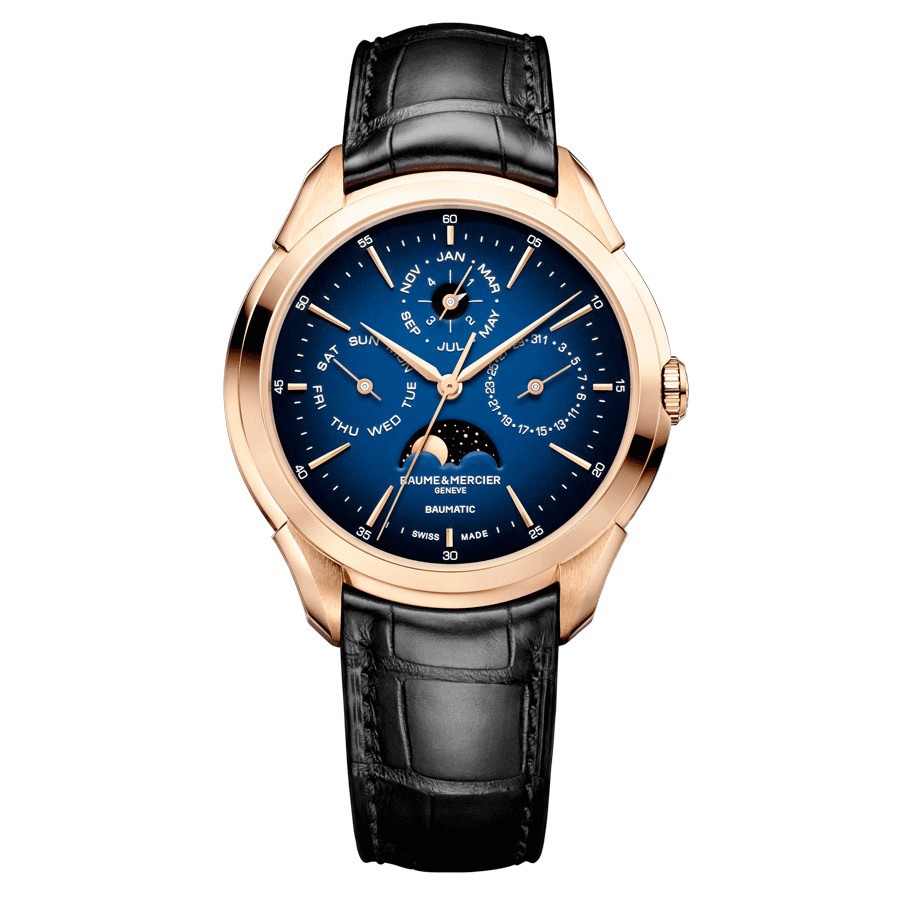 Montre Baume et Mercier Clifton Baumatic Or rose automatique cadran bleu bracelet cuir noir 42 mm