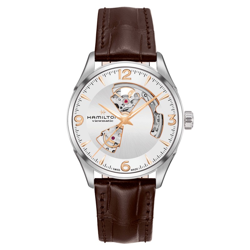 Montre Hamilton Jazzmaster Open Heart cadran argenté bracelet cuir marron 42 mm H32705551