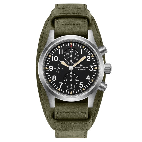 Montre Hamilton Khaki Field Autochrono automatique cadran noir bracelet daim vert 44 mm