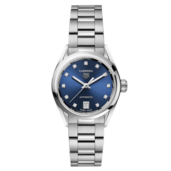 Montre Tag Heuer Ladies Carrera Calibre 9 automatique cadran bleu index diamants bracelet acier 29 mm WBN2413.BA0621