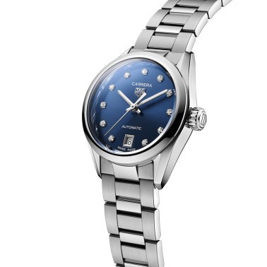 Montre Tag Heuer Ladies Carrera Calibre 9 automatique cadran bleu index diamants bracelet acier 29 mm WBN2413.BA0621