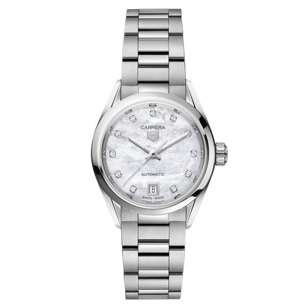 Montre Tag Heuer Ladies Carrera Calibre 9 automatique cadran nacre blanche index diamants bracelet acier 29 mm WBN2412.BA0621