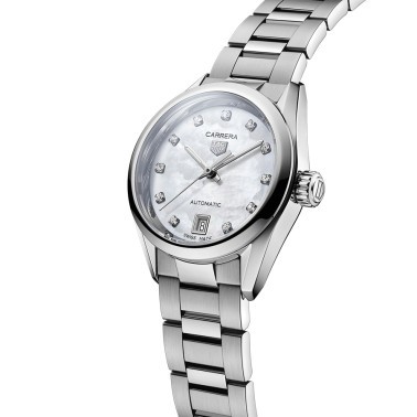 Montre Tag Heuer Ladies Carrera Calibre 9 automatique cadran nacre blanche index diamants bracelet acier 29 mm