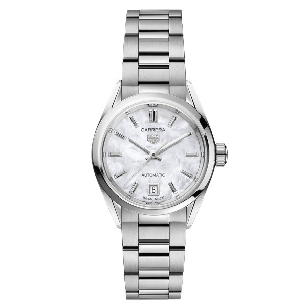 Montre Tag Heuer Ladies Carrera Calibre 9 automatique cadran nacre blanche bracelet acier 29 mm WBN2410.BA0621