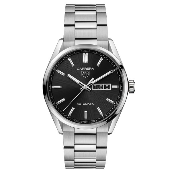 Montre Tag Heuer Carrera Calibre 5 Day-Date automatique cadran noir bracelet acier 41 mm WBN2010.BA0640