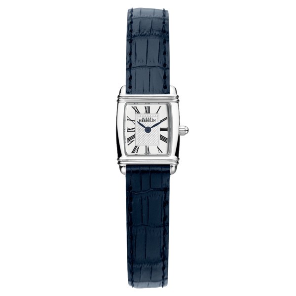Michel Herbelin Art Deco quartz watch silver dial index Roman numerals blue leather strap 17,80 x 19,40 mm 17438/08BL